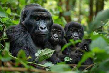 Obraz premium A family of mountain gorillas sitting in a dense forest, the silverback watching protectively over his group while young gorillas play nearby.