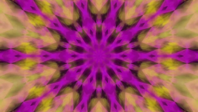 Kaleidoscope fractal motion graphics with beautiful textures. Mandala abstract pattern of glowing daisies with color changing smoke effect.