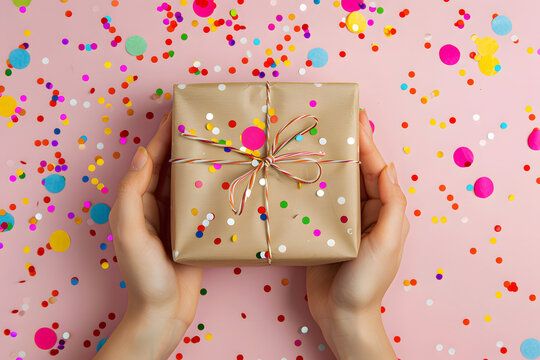 hands holding a present wrapped in craft paper with confetti