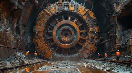 Massive Tunnel Boring Machine in Muddy Tunnel. Massive tunnel boring machine in a muddy underground tunnel with workers in safety gear ensuring its operation and progress.