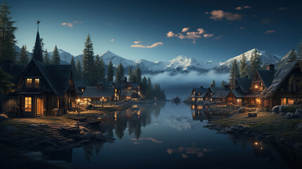 Fototapeta premium Contemporary Landscape Of The Peaceful Village With Mountains and River Background