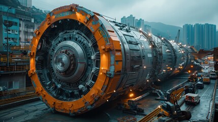 Tunnel Boring Machine in Urban Construction Project. Massive tunnel boring machine at an urban construction project site, surrounded by buildings and heavy machinery in a busy city.