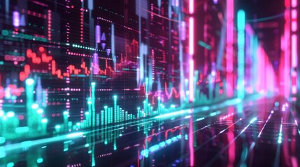 Obraz premium Neon Financial Data, A vibrant display of financial data visualized in neon colors on a digital screen.