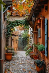 Fototapeta premium A charming historic house nestled in a cozy old town, exuding warmth and nostalgia with its classic architecture and quaint surroundings