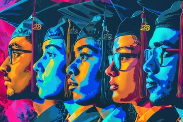 A group of diverse college graduates in a colorful, pop art style