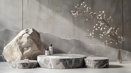 Conceptual design of a stone podium in 3D, highlighting its natural texture and modern aesthetic for showcasing beauty products