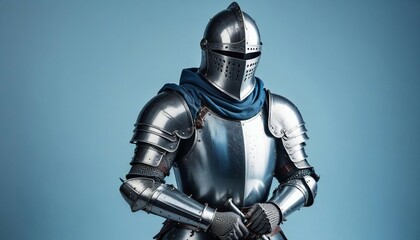 A gallant medieval knight with sword on black horseback, clad in shining armor, blue background