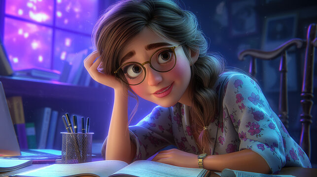 Charming Animated Girl Studying by Candlelight with Magical Glow in Cozy Room.
