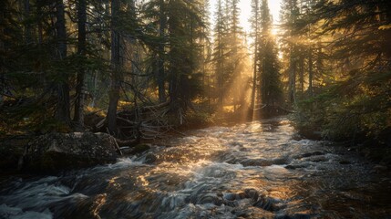 A flowing creek flows through a dense pine forest with the afternoon sunlight filtering through the trees glistening on the surface of the water. They are more prominent along the stream banks.