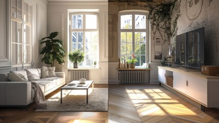 Fototapeta premium Apartment living room before and after restoration or refurbishment. Renovation concept.