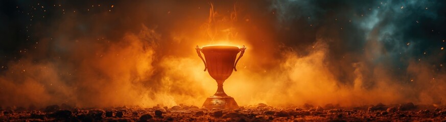 Glowing Trophy in Fiery Atmosphere Amidst Smoke and Sparks. Symbol of Victory and Achievement.