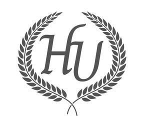 Initial letter H and U, HU monogram logo design with laurel wreath. Luxury calligraphy font.