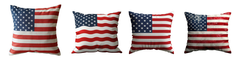 Fototapeta premium Four American flag-themed pillows arranged in a row, showcasing a patriotic home decor style with stars and stripes design Transparent Background 