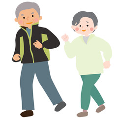 ウォーキングを楽しむアクティブシニアのベクターイラスト