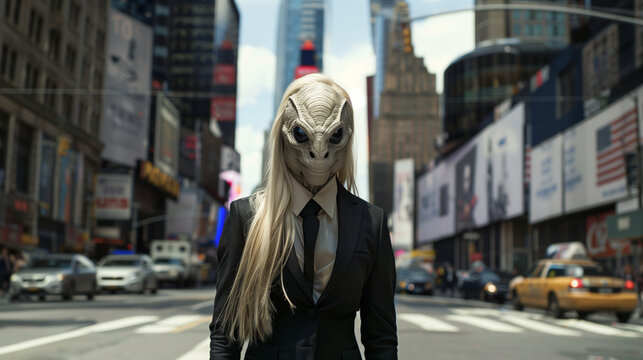  Hybrid woman between human and reptilian race, dressed in a business suit