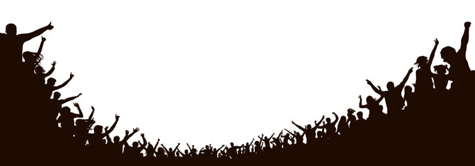 Crowd of people silhouette, cheerful fans people at stadium.  Sports event or concert. Vector illustration