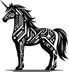 unicorn in silhouete with cyberpunk pattern illustration