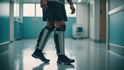 Obraz premium A person with a prosthetic limb navigating a hospital corridor on crutches, embodying the spirit of perseverance and recovery