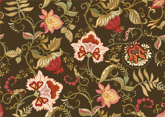 Fantasy flowers in retro, vintage, jacobean embroidery style. Seamless pattern, background. Vector illustration.