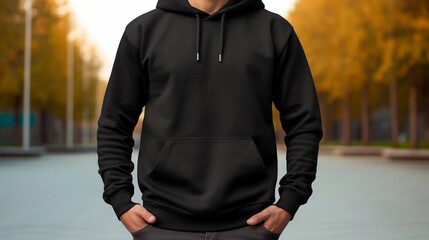 Black Hoodie Apparel Mockup with Fall Foliage Background. Generative AI