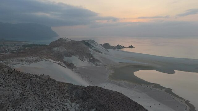 Aerial View Of Mountain In Detwah Lagoon During Sunset In Socotra Island. Pull Back Shot