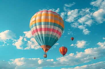 Fototapeta premium Hot Air Balloon Ride in blue sky white clouds background for wide banner of travel agency or adventure tour,Aerostat flying above clouds,International Balloon Fiesta.