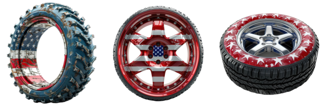 Three artistic car tires featuring American flag designs. Unique auto accessories symbolizing patriotism and creativity in vehicle customization Transparent Background 