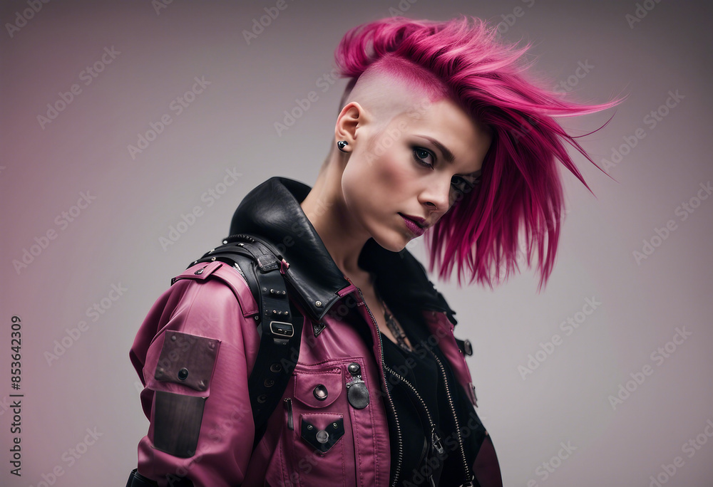 Wall mural portrait of a girl in a punk outfit with pink hair shaved on the side, isolated white background