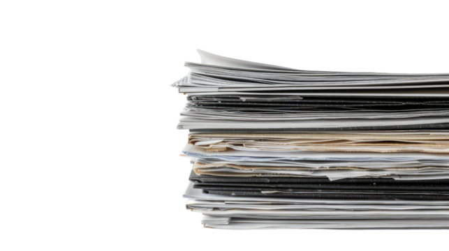 Stack of business documents papers on a transparent background