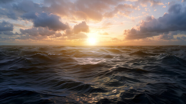 Panorama d'une mer agit&eacute;e sous un ciel partiellement nuageux au coucher du soleil.
