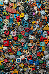 Fototapeta premium A crowded assortment of fridge magnets in various shapes, sizes, and colors, filling the entire frame. The magnets include letters, numbers, and novelty designs.