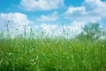 Fototapeta premium Spring Grass Field: A Tranquil View of Fresh Green Grass under Blue Sky