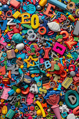 Fototapeta premium A crowded assortment of fridge magnets in various shapes, sizes, and colors, filling the entire frame. The magnets include letters, numbers, and novelty designs.