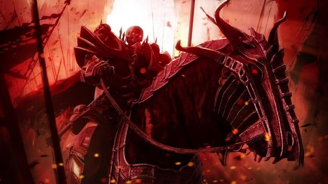 A sinister skeleton knight riding a demonic horse in plate armor. He is also a horseman, the lord of the undead army against the background of a bloody sunset and.  clean looped 2d animated art