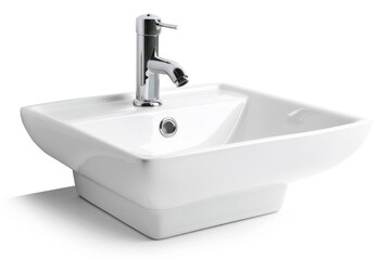 Fototapeta premium White ceramic bathroom sink with a shiny modern stainless steel mixer tap, PNG resource