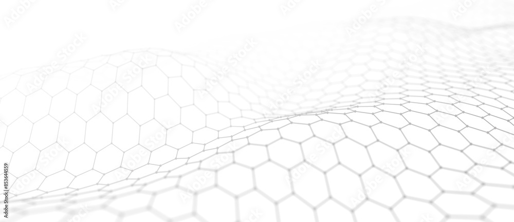 Fototapete Abstract gradient wave of points and lines. Hexagon cyber structure. Big data stream. Futuristic illustration. 3d rendering