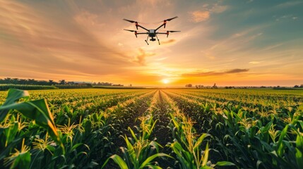 Agricultural drone flying around sweet corn fields to spray fertilizer is an agricultural smart farm business idea with twilight sky background.
