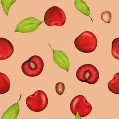 Seamless watercolor pattern with luscious cherries. Beige background. perfect for kitchen decor, recipes, textiles, jam labels, aprons, packaging, juices, cherry-flavored sweets, and gum wrappers