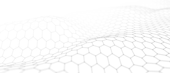 Abstract gradient wave of points and lines. Hexagon cyber structure. Big data stream. Futuristic illustration. 3d rendering