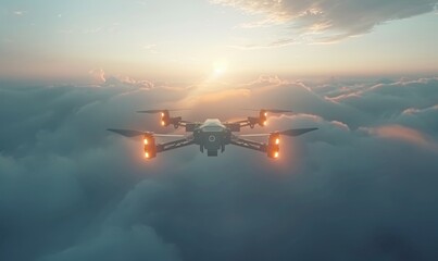 Naklejka premium Exciting high-altitude drone racing with agile maneuvers and high-speed competition against a cloud-filled skyline