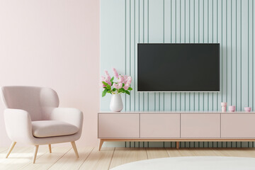Soft Pastel Living Room Design with empty TV for mockup