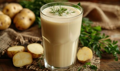 Vegan potato milk in a glass with potatoes on a brown kitchen background, plant milk