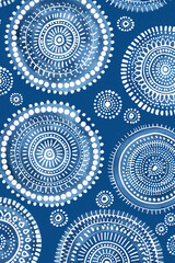 White dotted circular patterns on a blue background create a rhythmic and symmetrical design