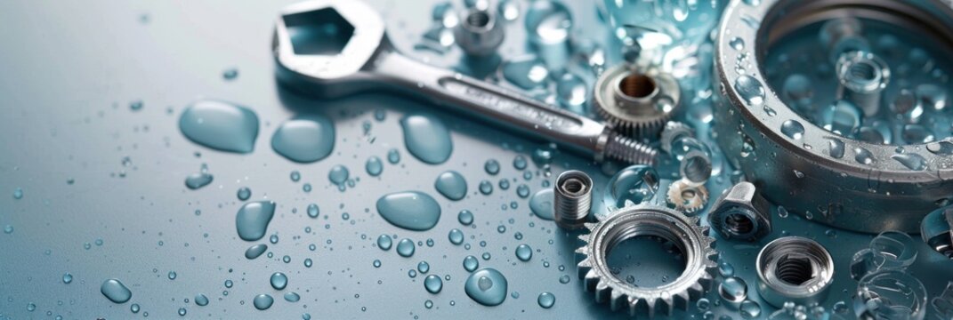 Banner for MEP plumbing and repair engineering services with mechanical tools, tubes, teeth, wheels, nut bolts, and center copy space
