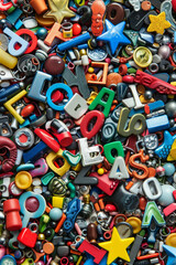 Obraz premium A crowded assortment of fridge magnets in various shapes, sizes, and colors, filling the entire frame. The magnets include letters, numbers, and novelty designs.