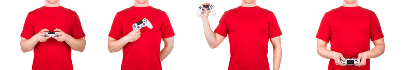 Man in red t-shirt holding video game joysticks gamepad on his palm isolated © Vasyl Onyskiv
