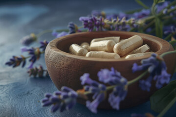 Herbal medicine capsules are lying in a wooden bowl surrounded by lavender flowers on a blue...