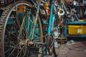 Close-up of a vintage bicycle rear wheel, chain, and gear mechanism with blurred background.