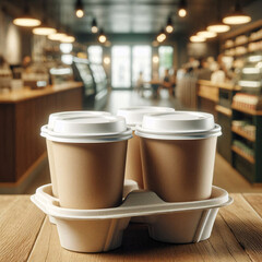 Colorful Takeaway Cups in a Carrier with a Blurred Coffee Shop Background for Mockup and Branding Use