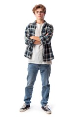 Standing Young Man in Casual Attire Against White Background. Full Length Portrait of a Photogenic Guy